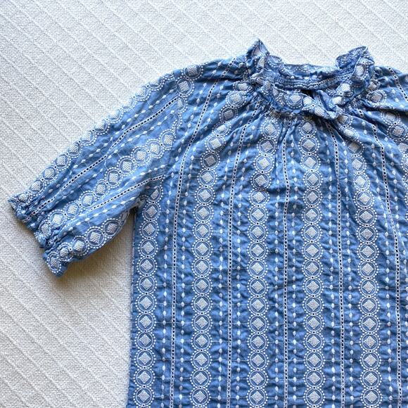 Luna Rae Chambray Eyelet Blouse Ruffle Neck Puff Sleeve Blue Embroidered Top - Picture 4 of 6